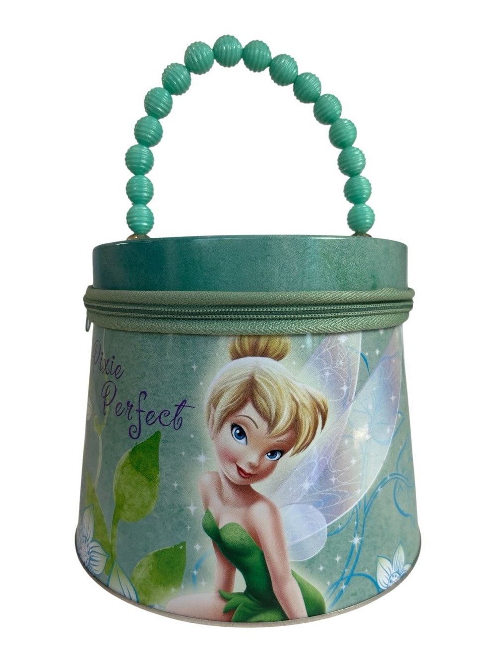 Disney Tinker Bell “Pixie Perfect” Metal Storage Tin Case Purse Beaded Handle